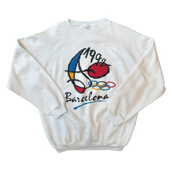 Vtg Barcelona Olympics Sweatshirt Size Large Graphic Print White 1992 - Picture 1 of 5